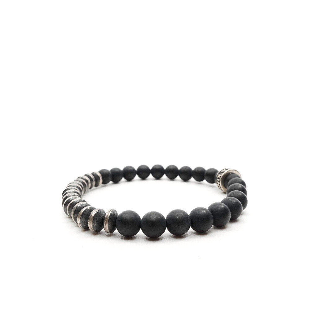 King Baby 6MM Onyx Bead Bracelet Silver Disk Beads Fine Silver .925 Large 7.25"